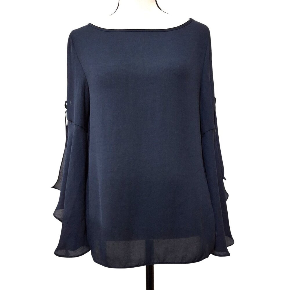 Lola‎ & Sophia Split Lace-Up Shoulder Flare Sleeve Blouse womens XS Navy